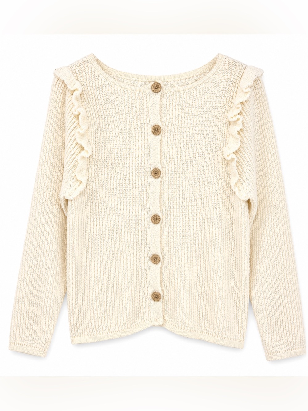 Women’s Cream Ruffle-Shoulder Knit Scoop Sweater